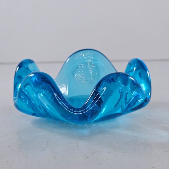 Vintage Blue Art Glass Wavy Edge Ashtray Votive Holder Trinket Dish - Picture 2 of 8
